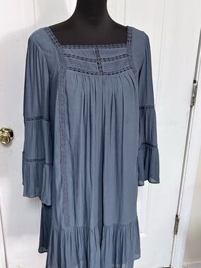 LOFT Slate Blue Boho Midi Dress with Lace Insets